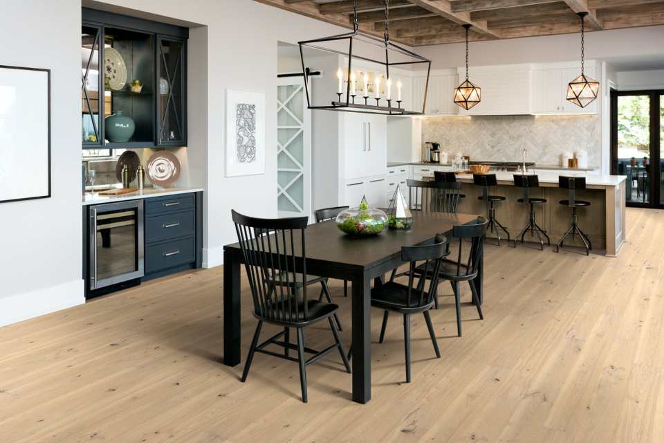 white oak look luxury vinyl in open concept modern farmhouse kitchen